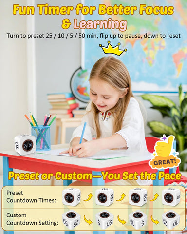 COWVTUJ timer cube shows a 5-minute interval for quick tasks.