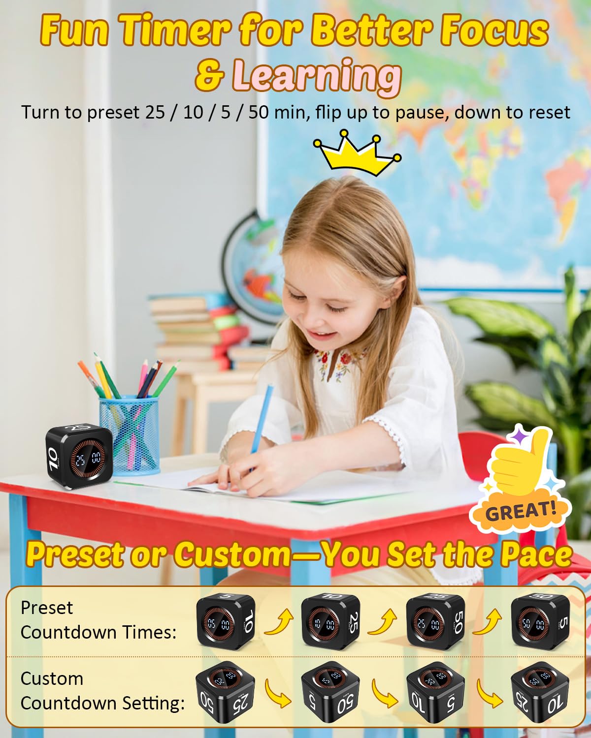 Cowvtuj Timer Cube top view highlights easy-to-access controls for fast sessions