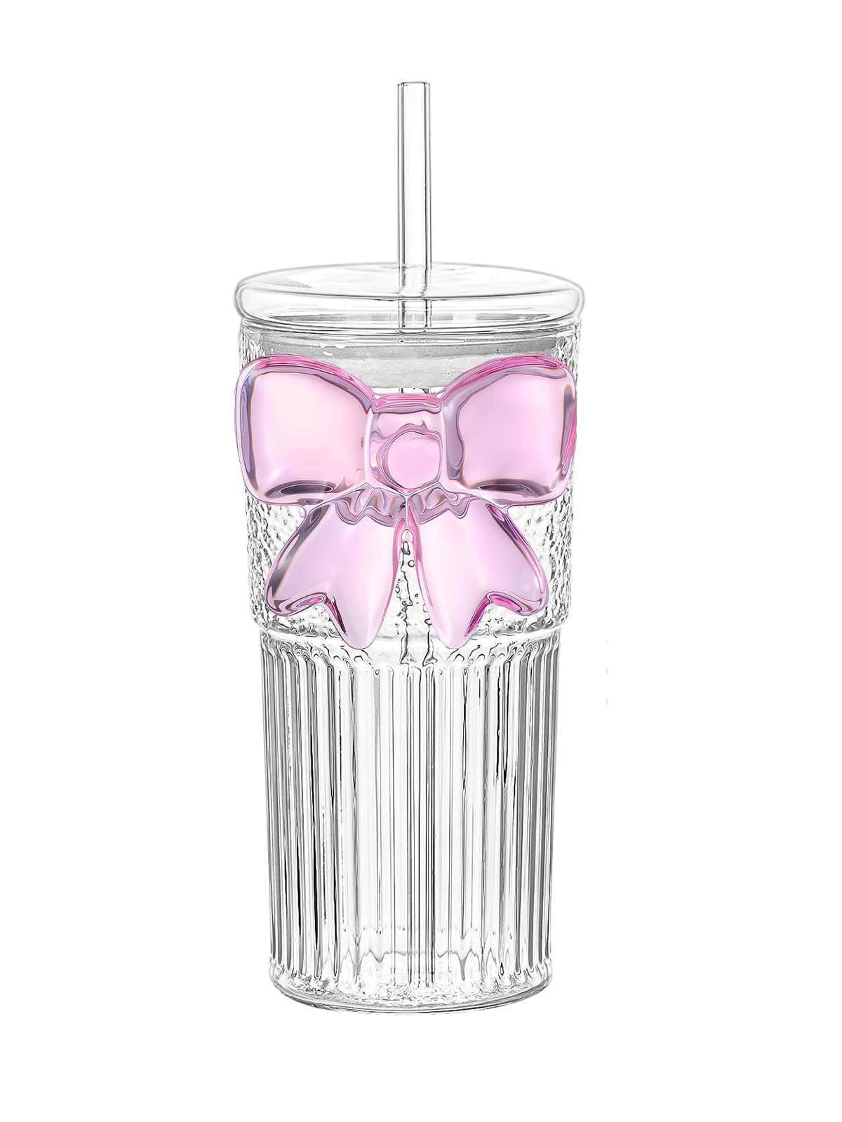 Cozifycasa glass cup with pink bow lid for iced coffee, durable high borosilicate.