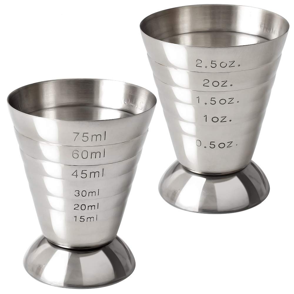 Cozihom stainless steel measuring cup with 2.5 oz capacity and clear markings for precise pours.