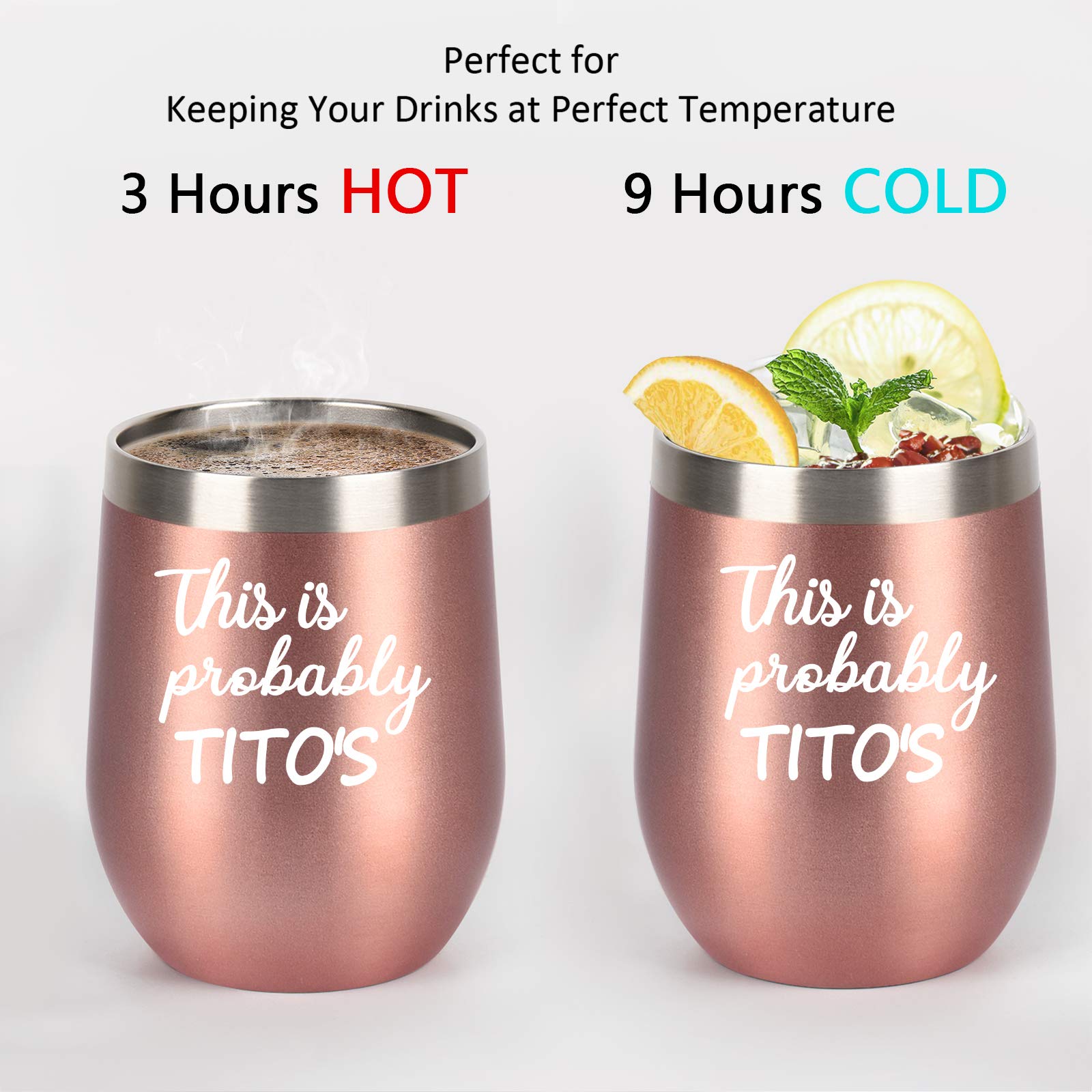 CozyHome Tito's wine tumbler closeup reveals durable 18/8 stainless steel.
