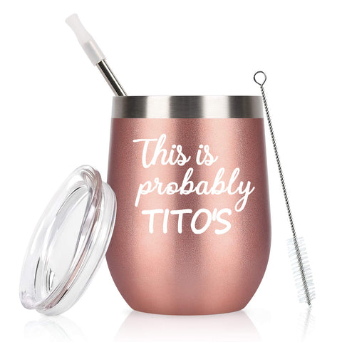 CozyHome Tito's wine tumbler with lid keeps drinks at the perfect temperature.