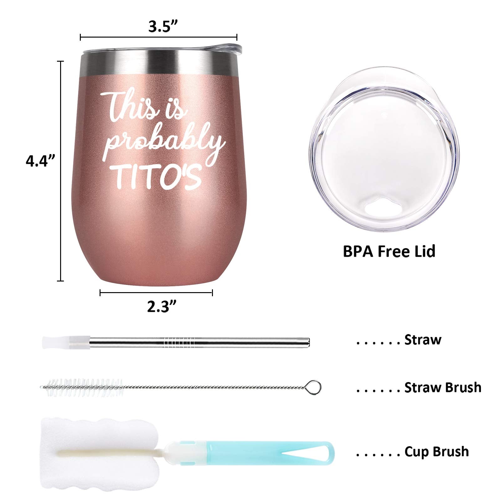 CozyHome Tito's wine tumbler side view highlights rose gold finish and ergonomic shape.