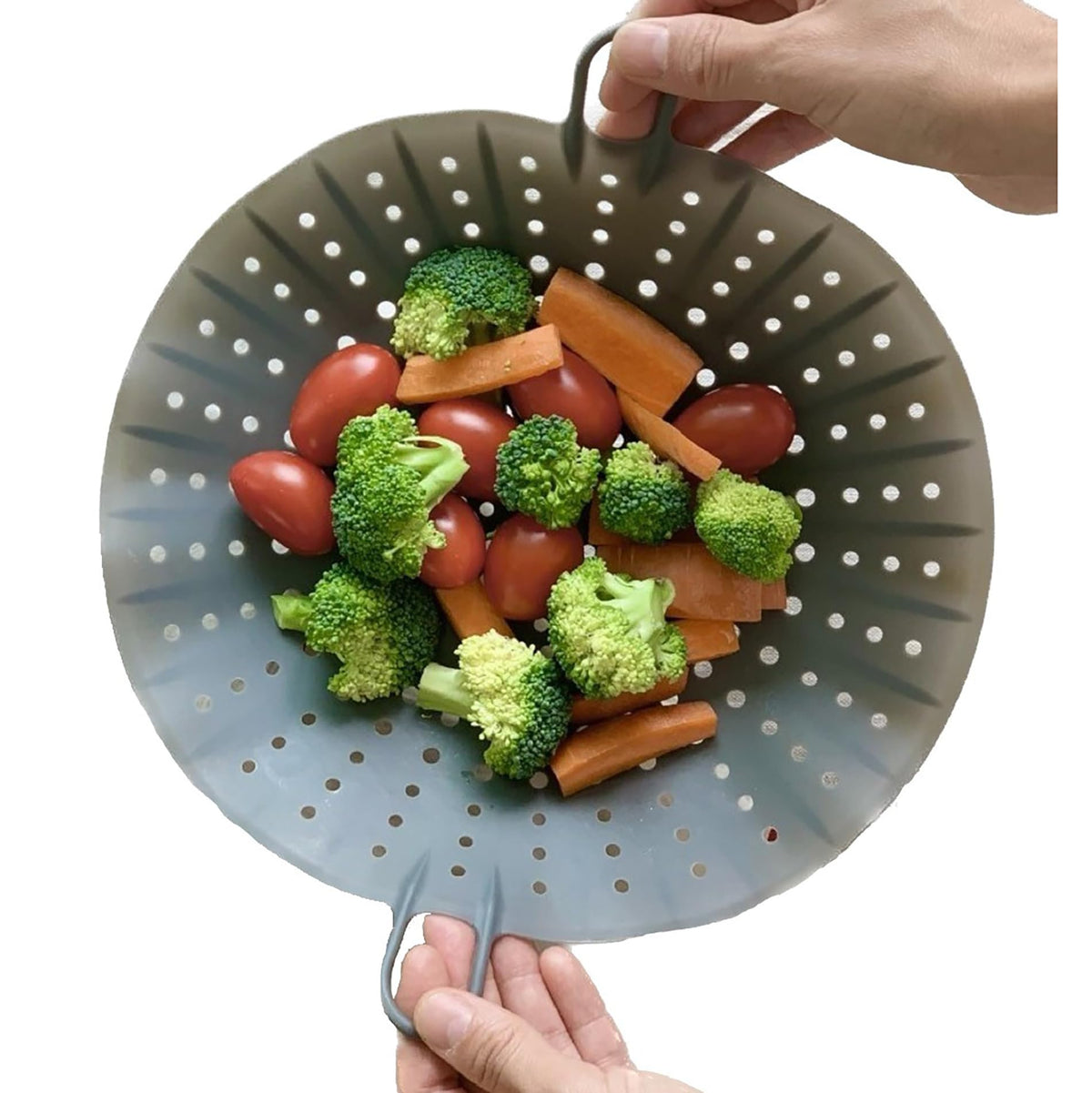 Cozymomdeco silicone steamer basket in gray for 10-inch pots.
