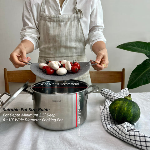 Cozymomdeco flexible silicone steamer insert adjusts to pot sizes.