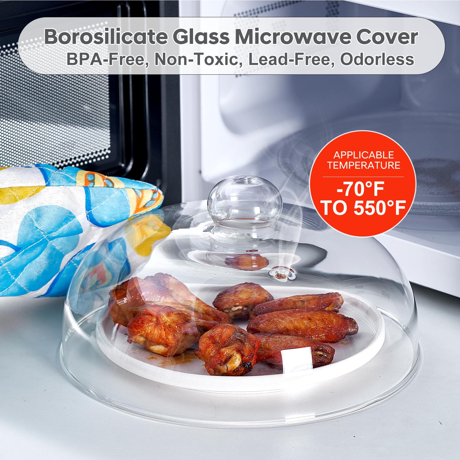CozyState glass microwave cover, side view, keeps splatters contained during reheating.