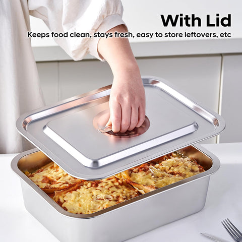 CozyState lasagna pan exterior 11x14 inches to fit oven racks.
