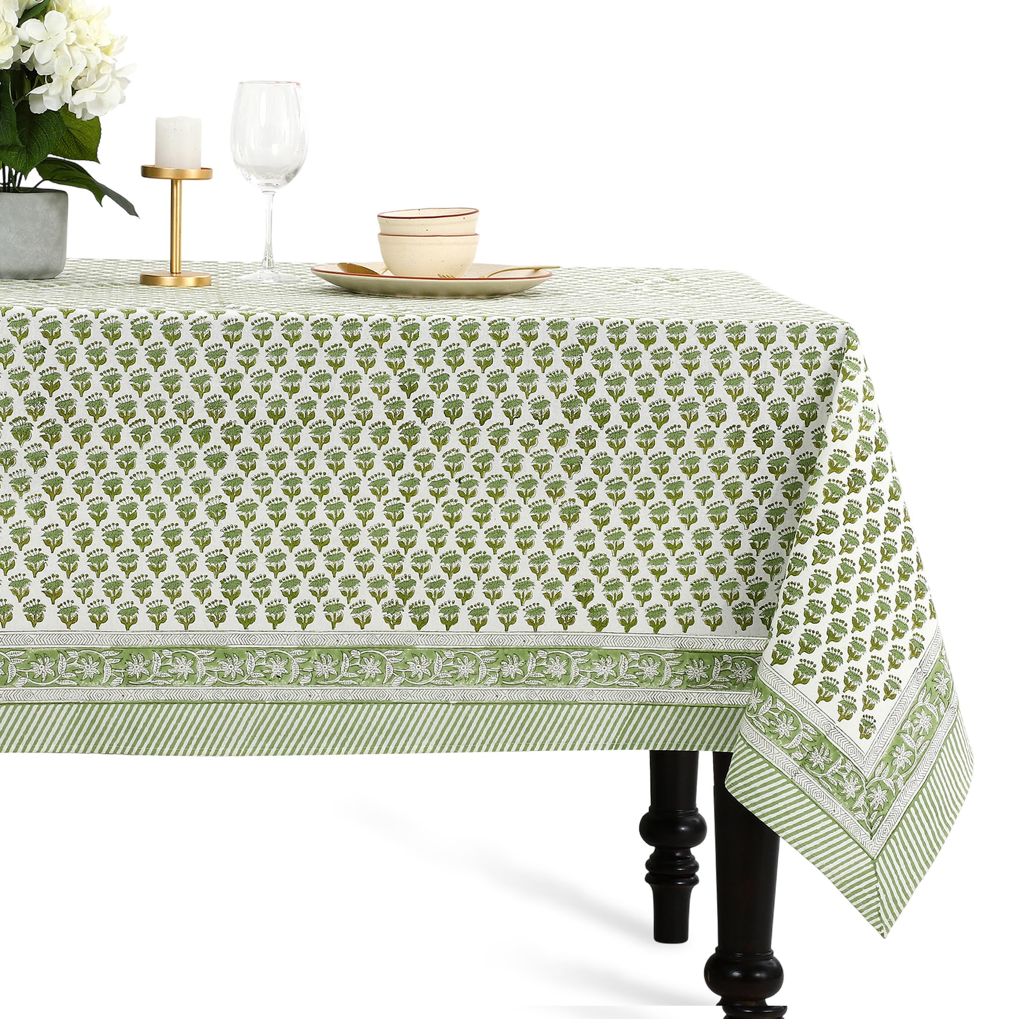 CPC Cotton Print Club emerald green tablecloth with block print pattern for elegant dining