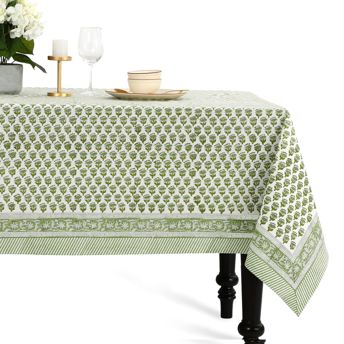 CPC Cotton Print Club emerald green tablecloth with block print pattern for elegant dining