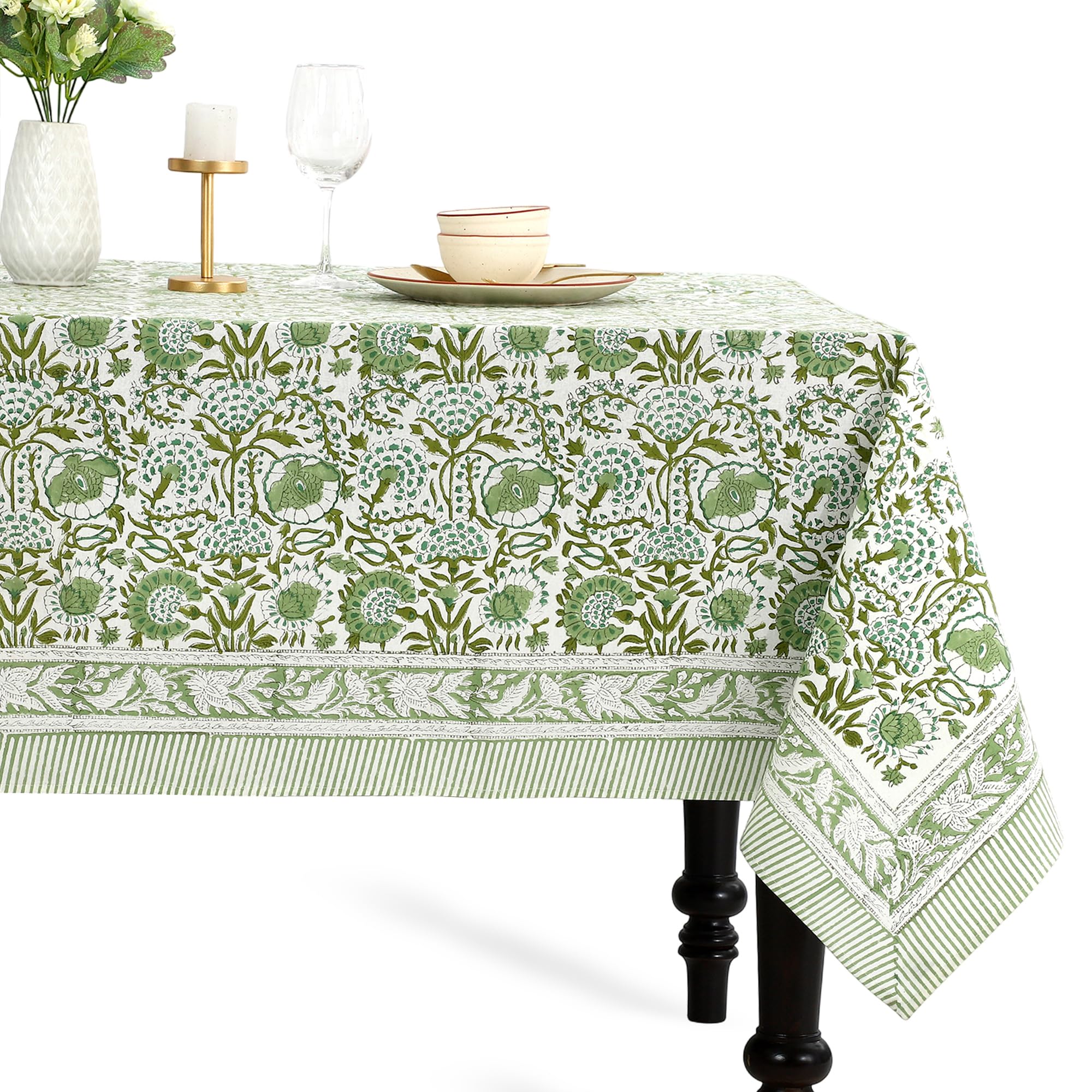 CPC Tablecloth Agate Green 60x60 front view, artisanal block print for elegant entertaining.