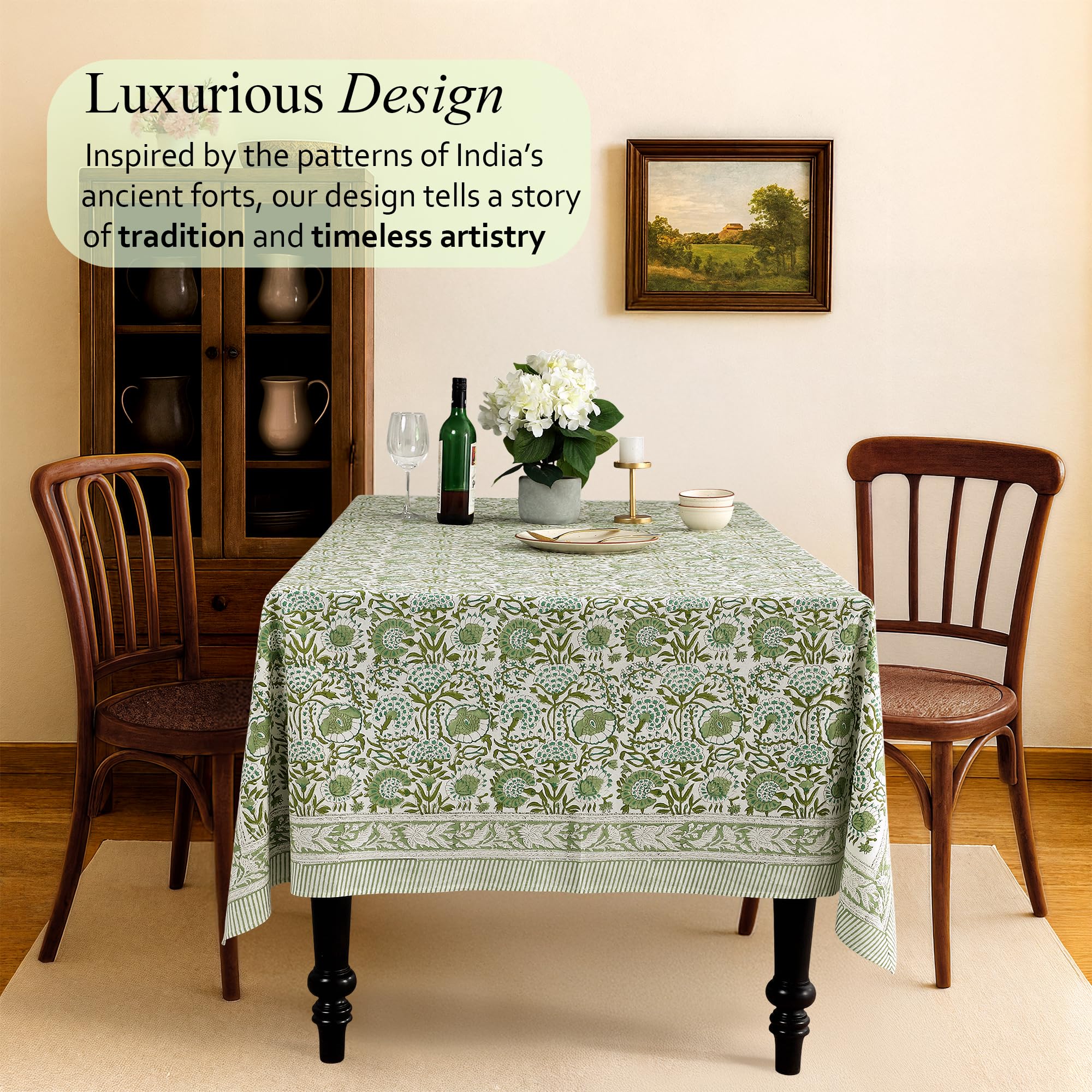 CPC Tablecloth Agate Green botanical pattern close-up, premium cotton for daily use.