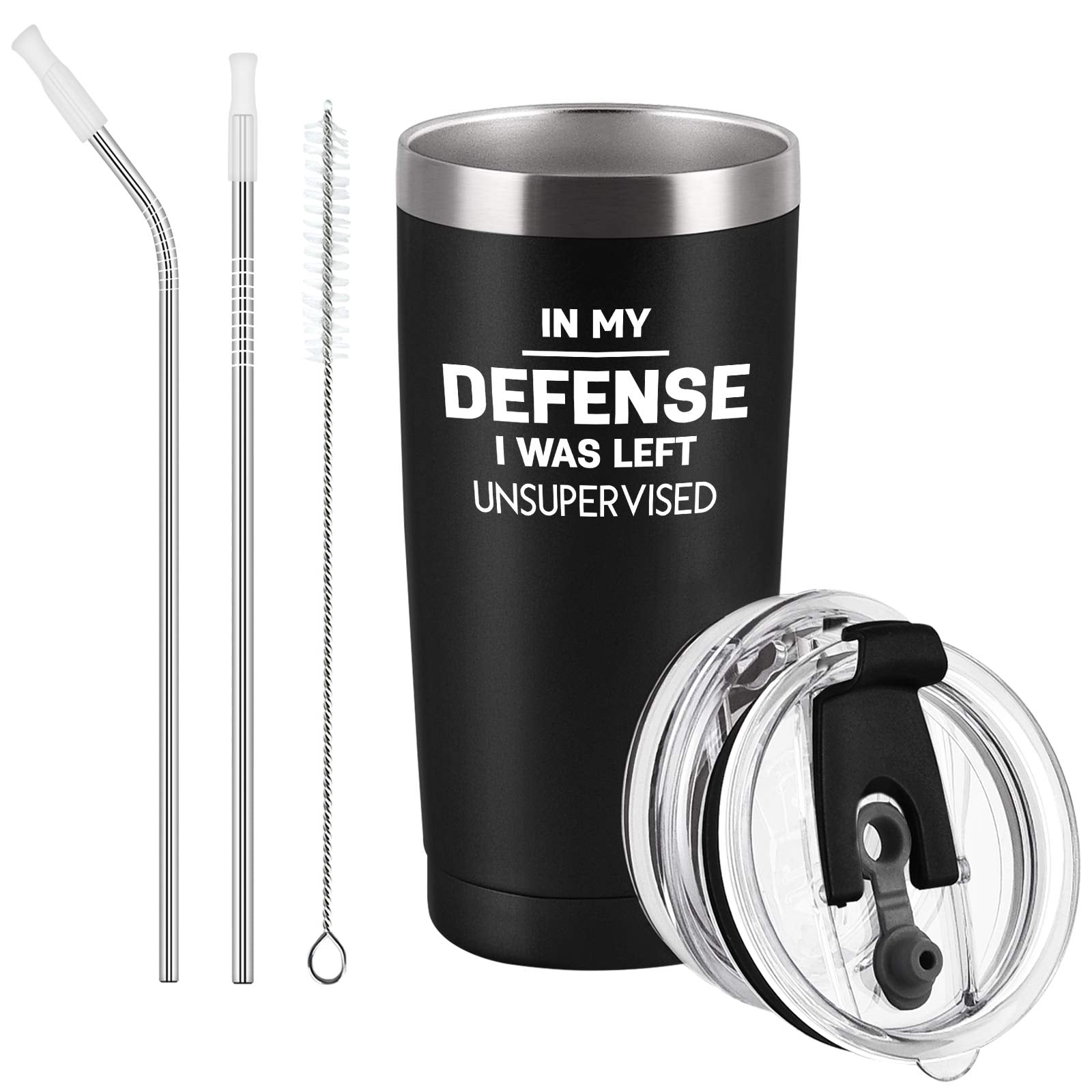 Cpskup In My Defense 20oz tumbler in black keeps beverages hot or cold.