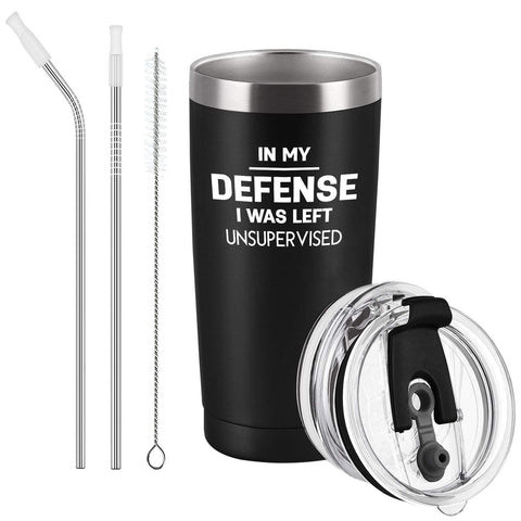 Cpskup In My Defense 20oz tumbler in black keeps beverages hot or cold.