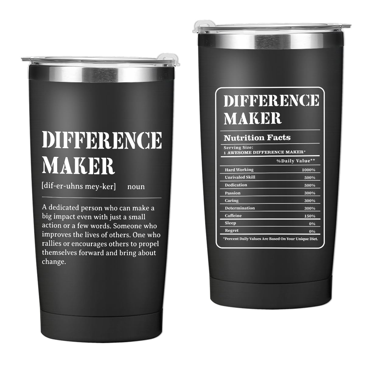CQM Difference Maker tumbler front view, durable stainless steel for everyday use.