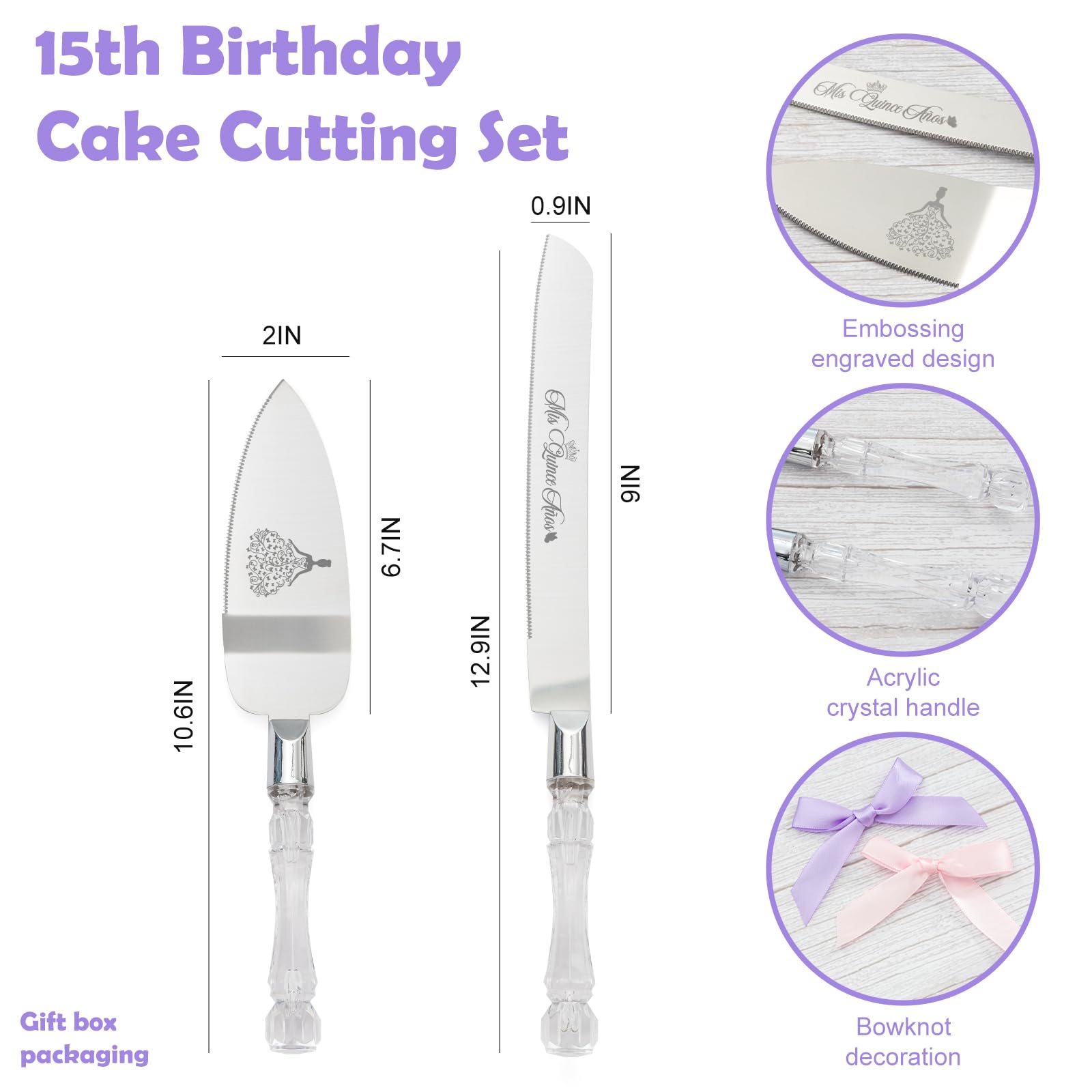 CQNET Mis Quince Años acrylic crystal-handle server offers stylish function and grip.