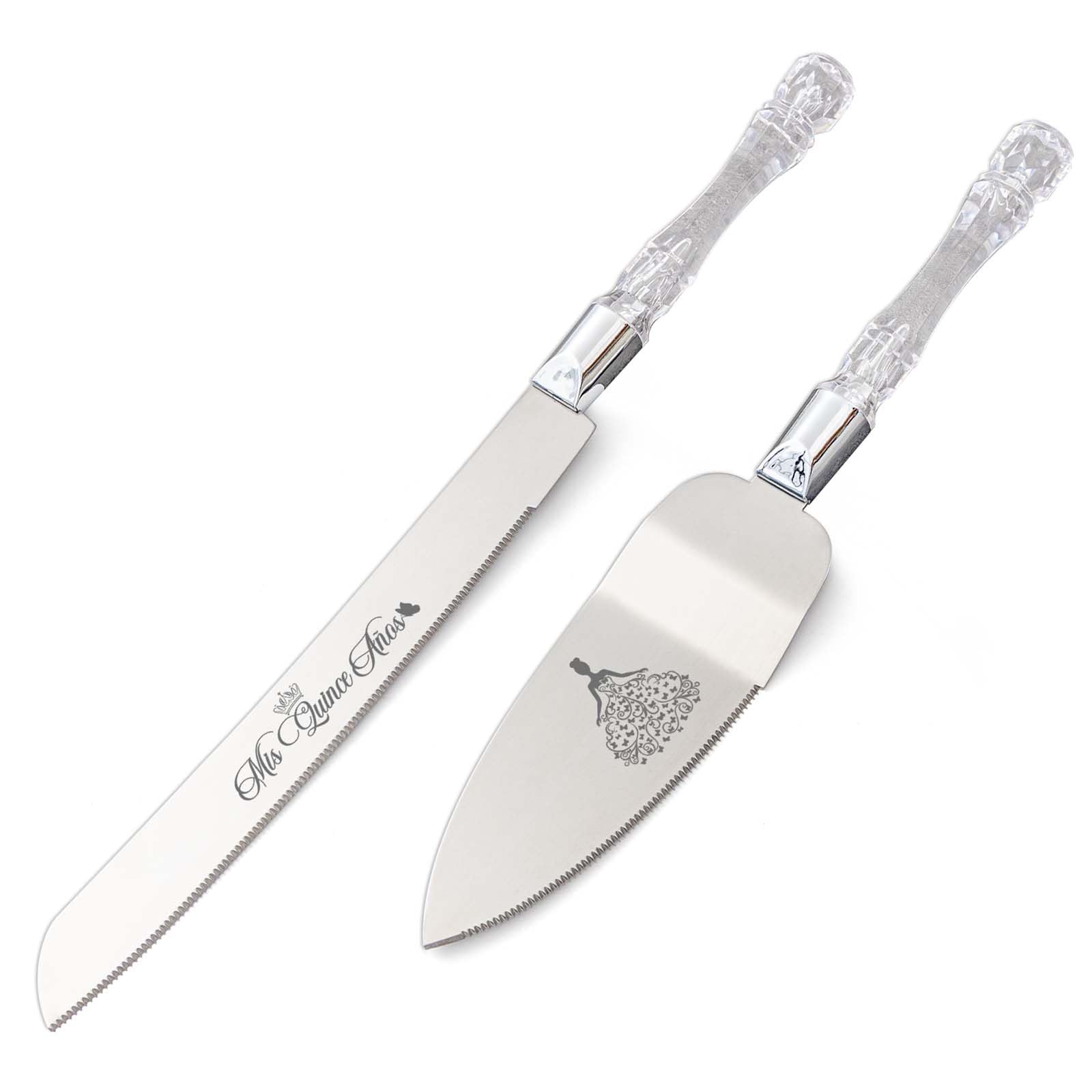 CQNET Mis Quince Años cake knife in silver with a durable stainless steel blade for smooth slicing.