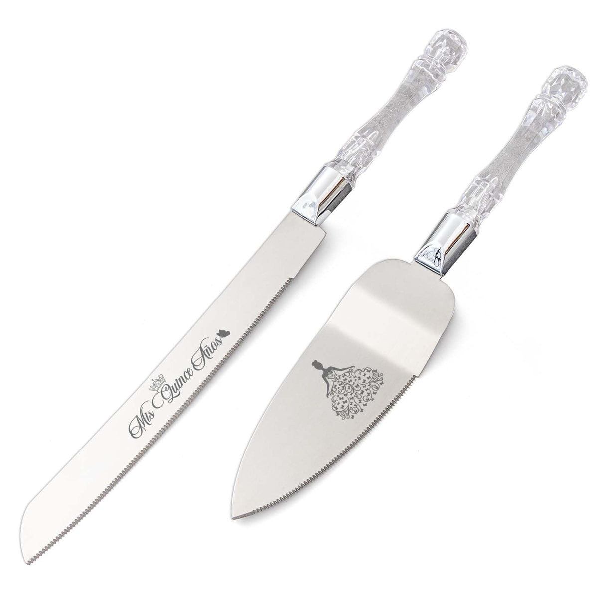 CQNET Mis Quince Años cake knife in silver with a durable stainless steel blade for smooth slicing.