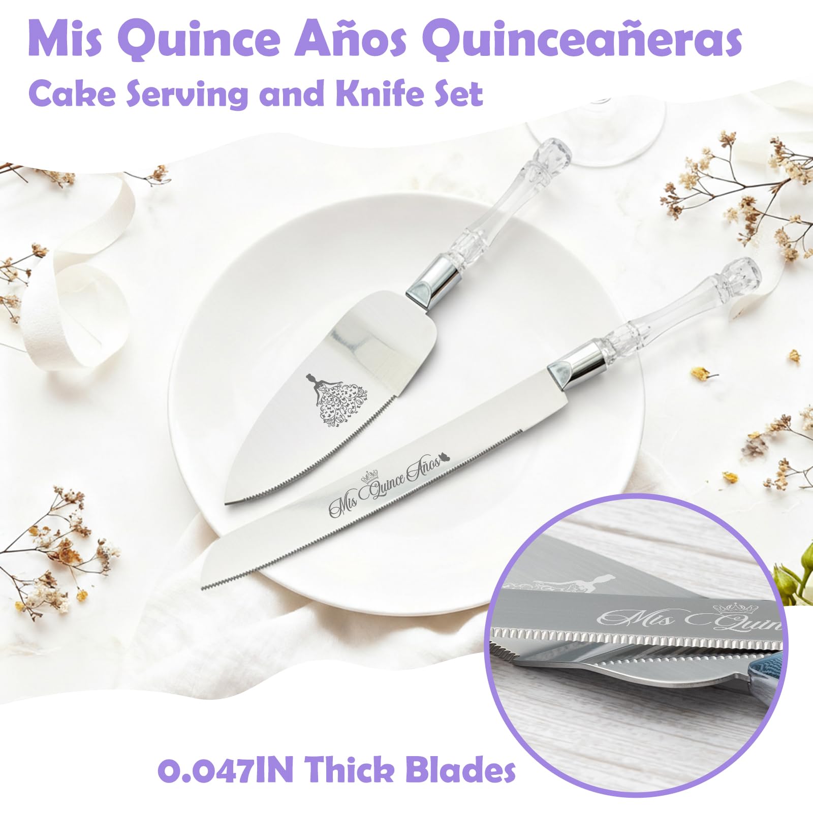 CQNET Mis Quince Años cake server in silver for elegant portions and easy serving.