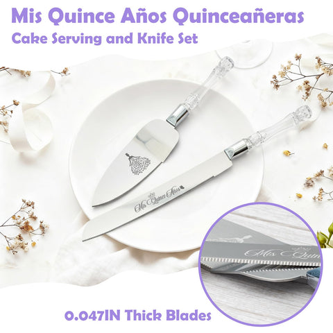CQNET Mis Quince Años cake server in silver for elegant portions and easy serving.
