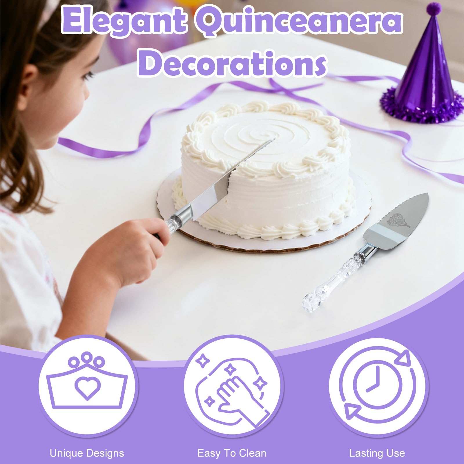 CQNET Mis Quince Años embossed-design knife with crystal-handle adds festive detail.