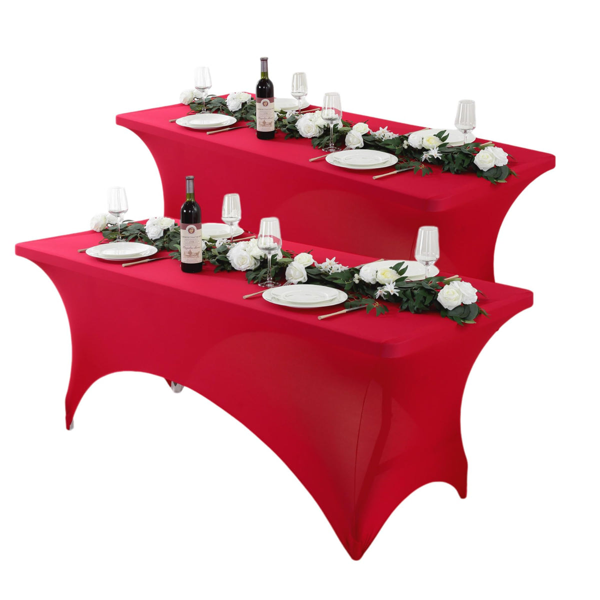 Craft And Party 2-pack 6ft red spandex tablecloth on folding table edge with secure fit.