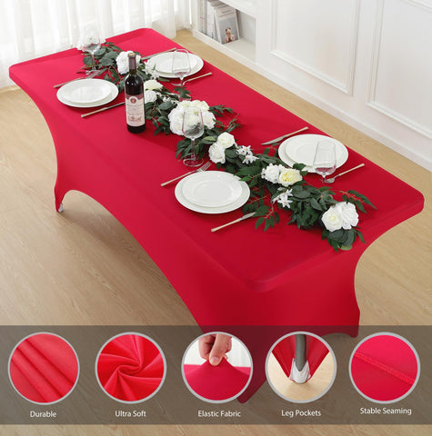 Craft And Party 2-pack 6ft red spandex tablecloth demonstrating stretch-fit for a neat appearance.