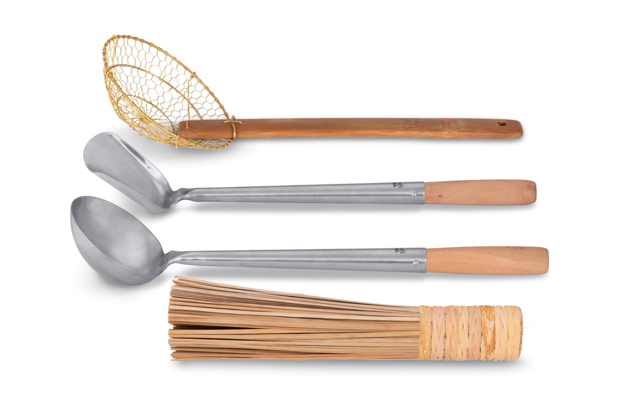 Craft Wok Tools 4-Piece Set brass mesh strainer with bamboo handle for efficient frying and draining.