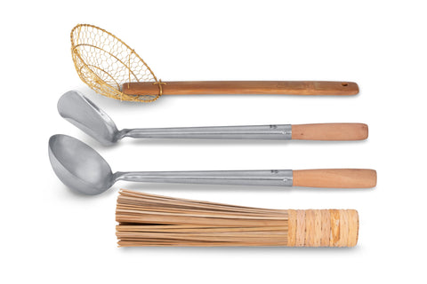 Craft Wok Tools 4-Piece Set brass mesh strainer with bamboo handle for efficient frying and draining.