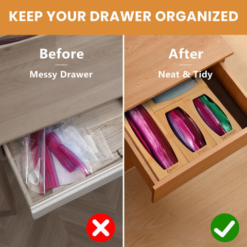 CRAKTH bamboo bag organizer for quart bags optimizes drawer space