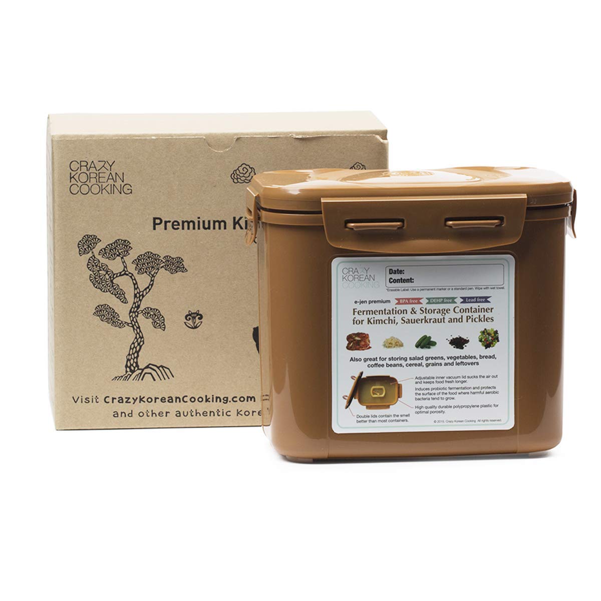 Crazy Korean Cooking fermentation container with inner vacuum lid in sandy brown for kimchi storage.