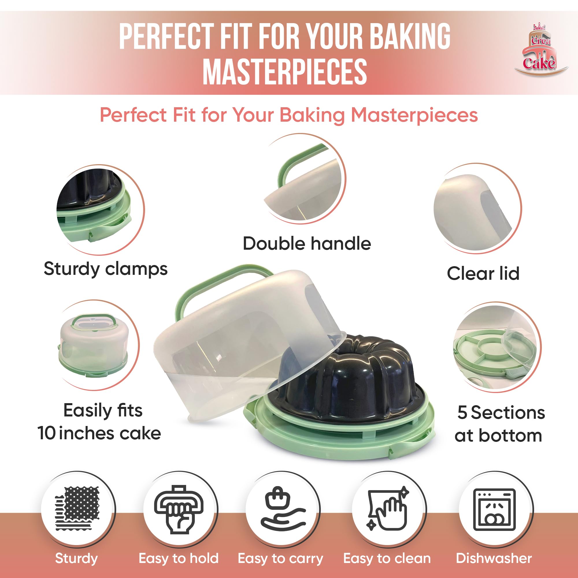 CREACAKE 12-inch cake carrier with lid and handle for secure transport.