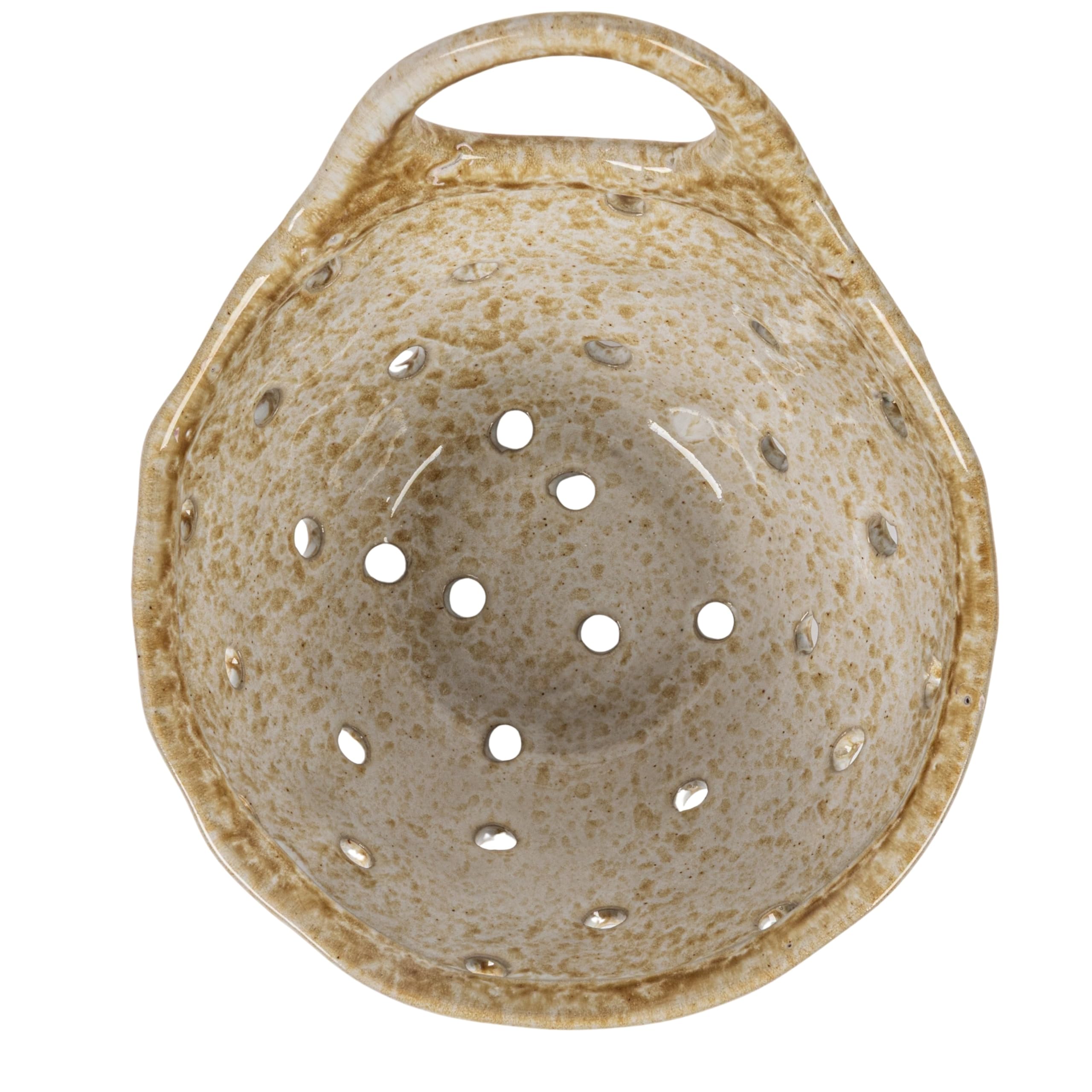 Creative Co-Op beige stoneware colander on dining table as décor