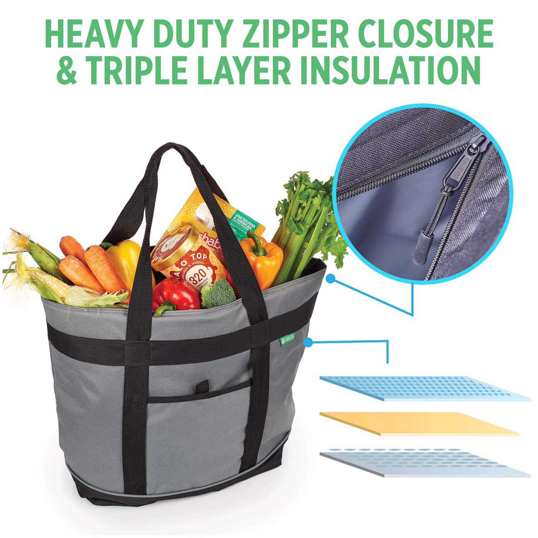 Creative Green Life Jumbo Insulated Cooler Bag gray, interior view showing wipe-clean lining.