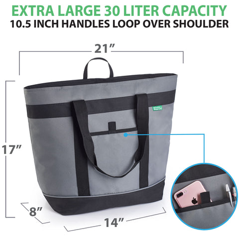 Creative Green Life Jumbo Insulated Cooler Bag gray, open-top image, spacious interior for groceries.
