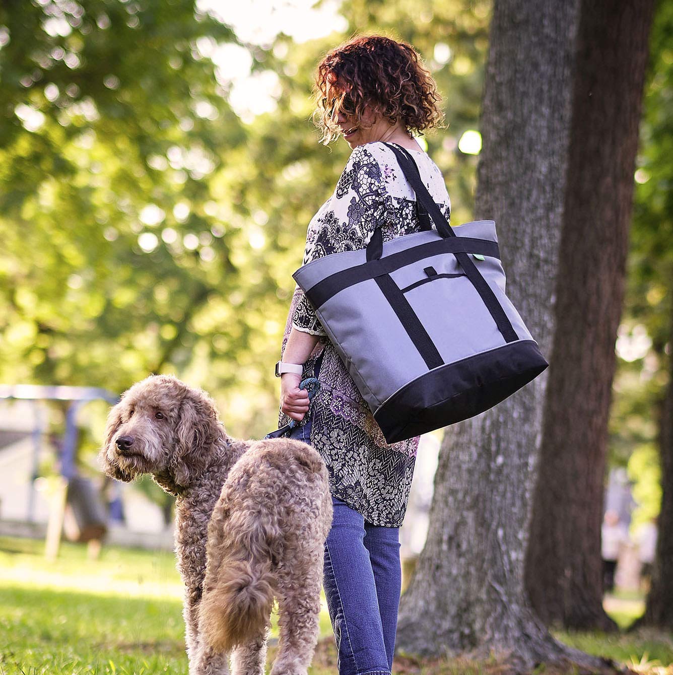 Creative Green Life Jumbo Insulated Cooler Bag gray, side view with handle, easy to carry on trips.