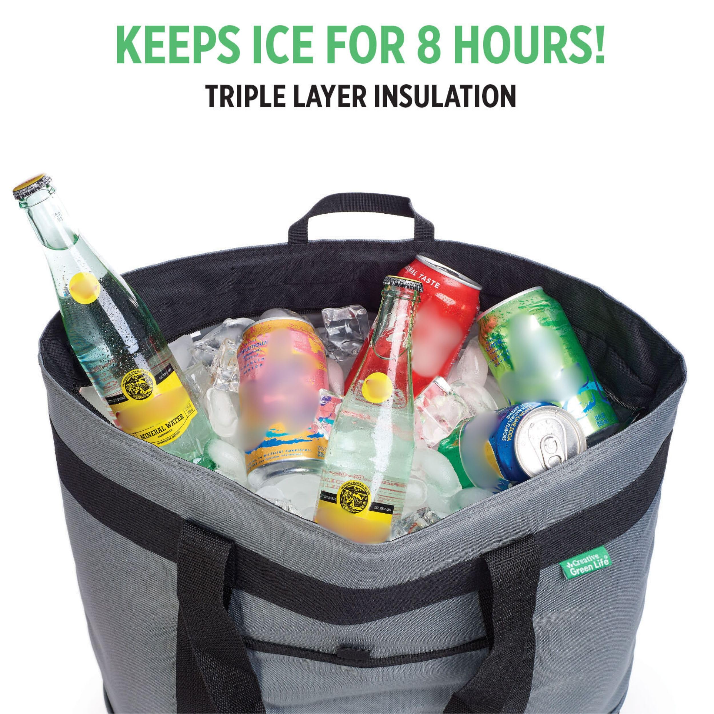 Creative Green Life Jumbo Insulated Cooler Bag gray, zipped-closed, keeps ice frozen for hours.