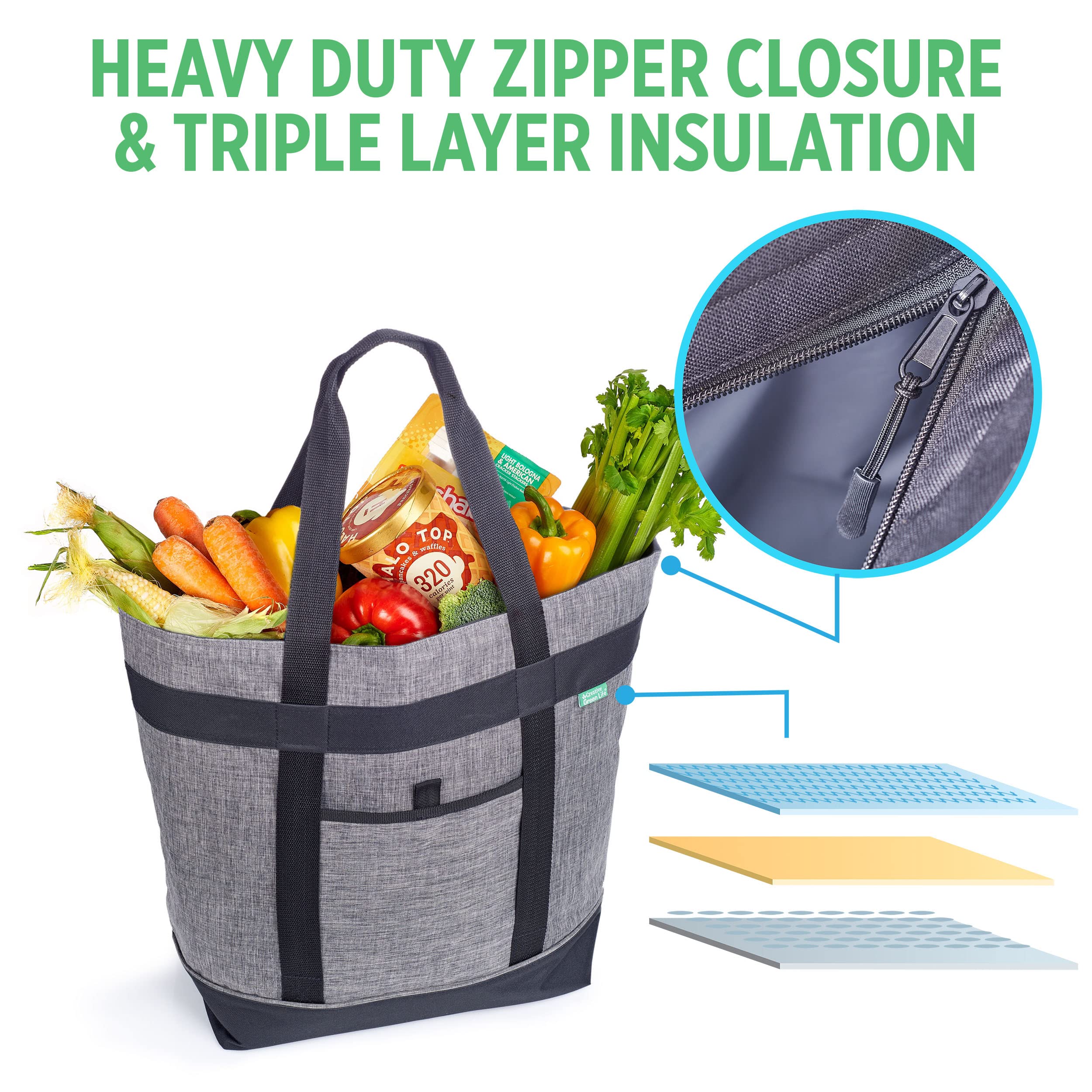 Creative Green Life Jumbo Insulated Cooler Bag Charcoal features leak resistant liner for spills.