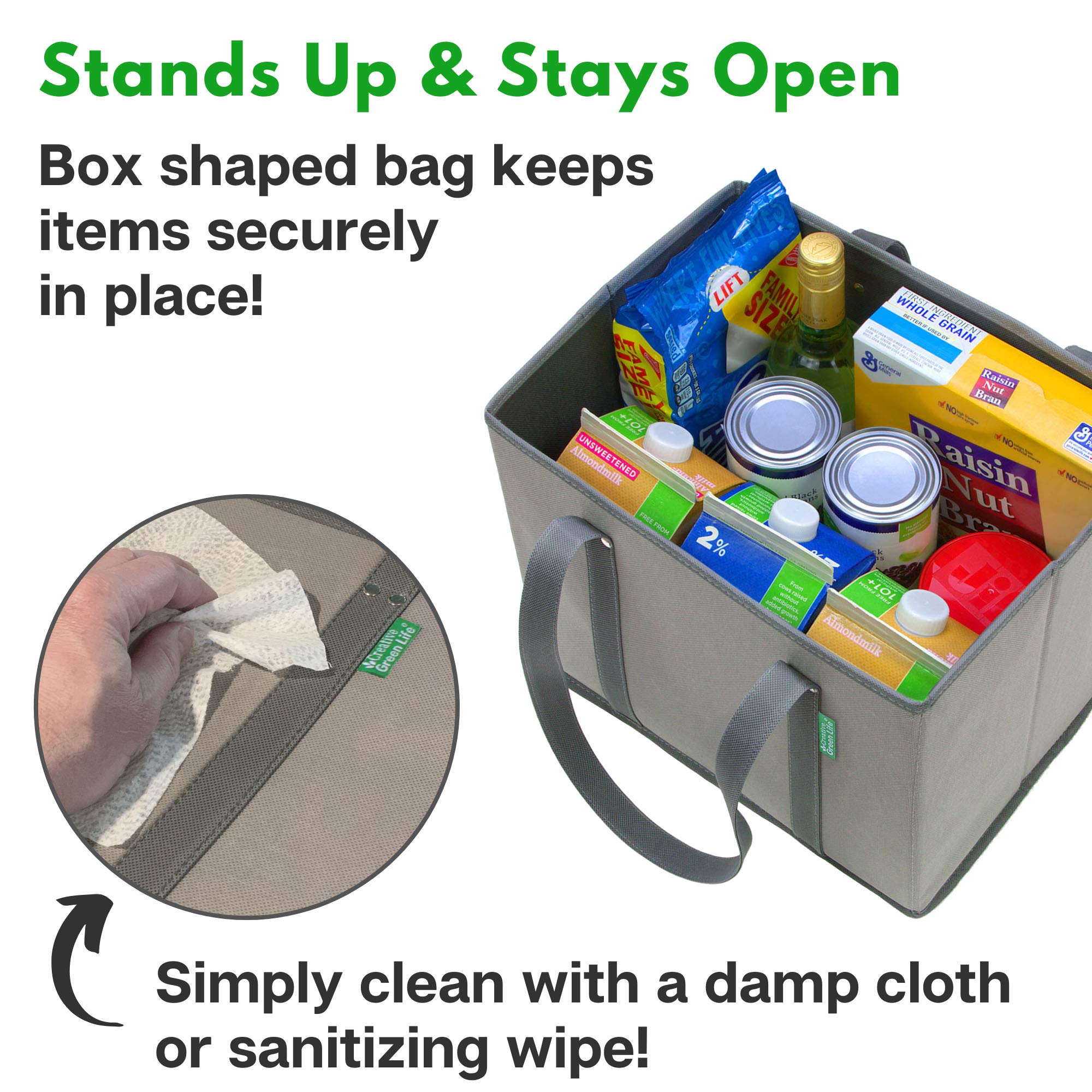 Creative Green Life large gray tote folds flat for compact storage when not in use.