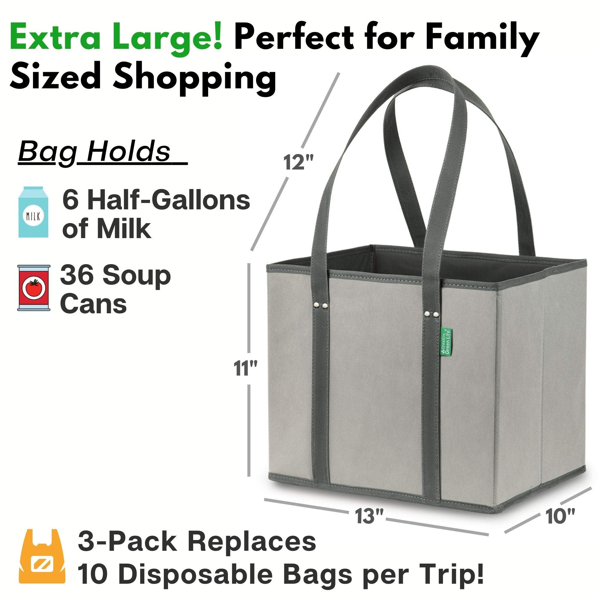 Creative Green Life long-handled totes provide easy shoulder carrying.