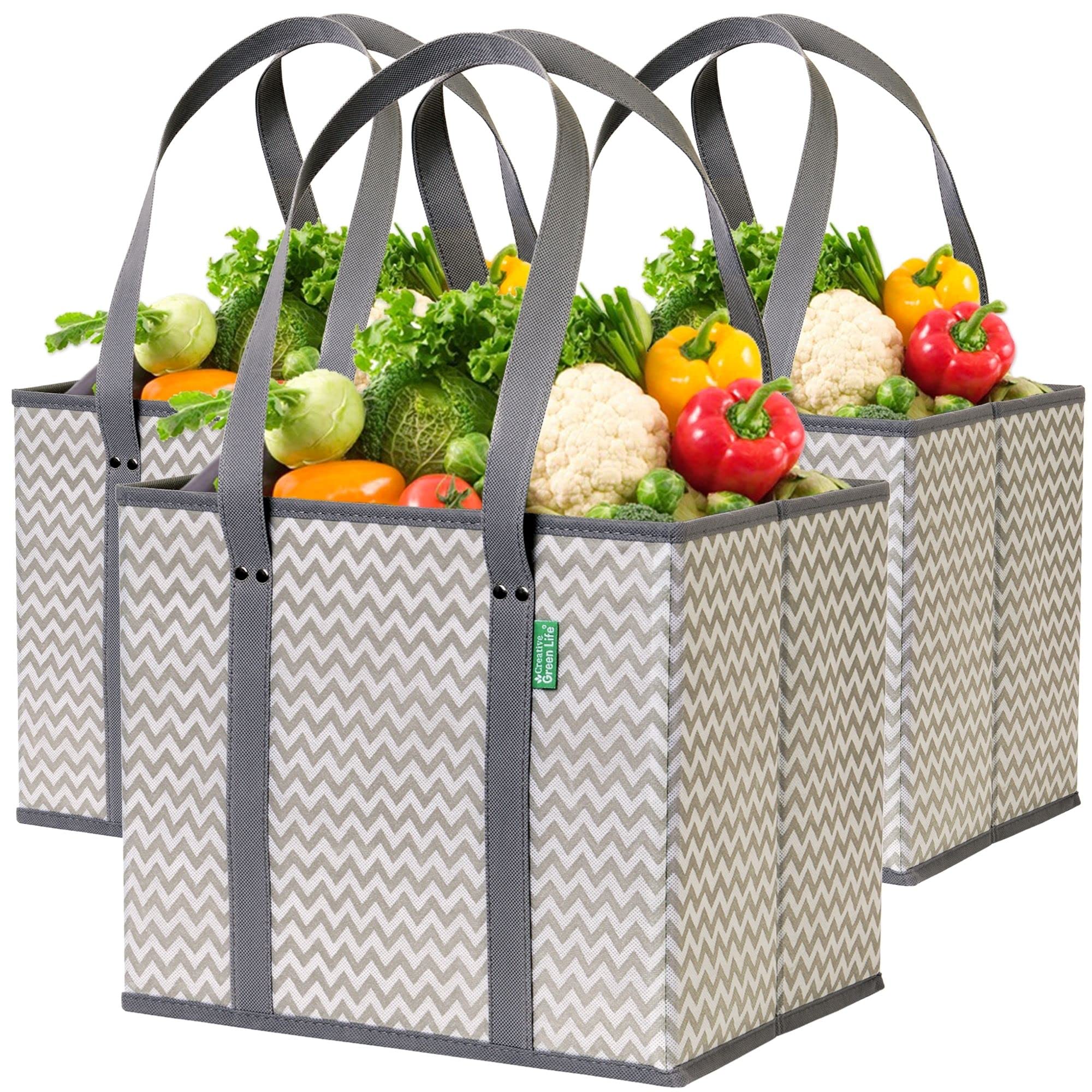 Creative Green Life reusable bags with box-stand up design keep groceries upright during loading.