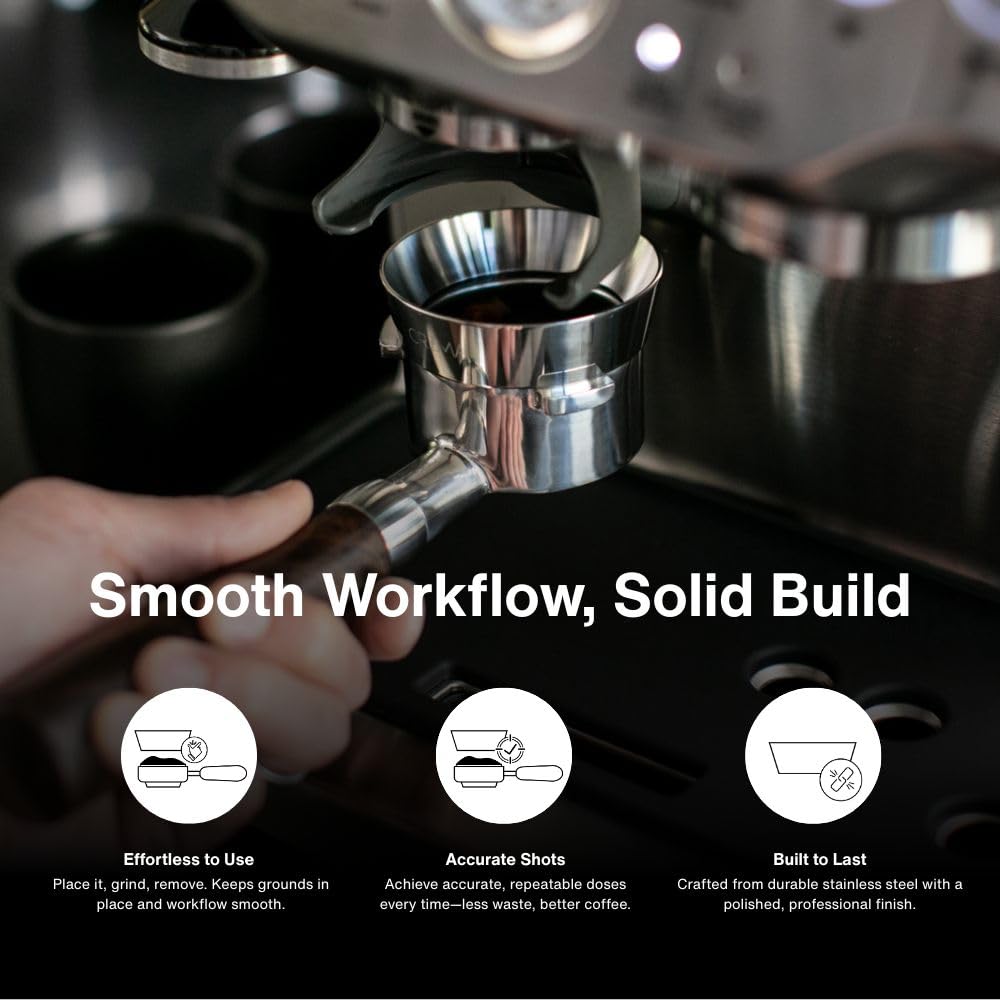 Crema 54mm dosing funnel in durable stainless steel for lasting use.