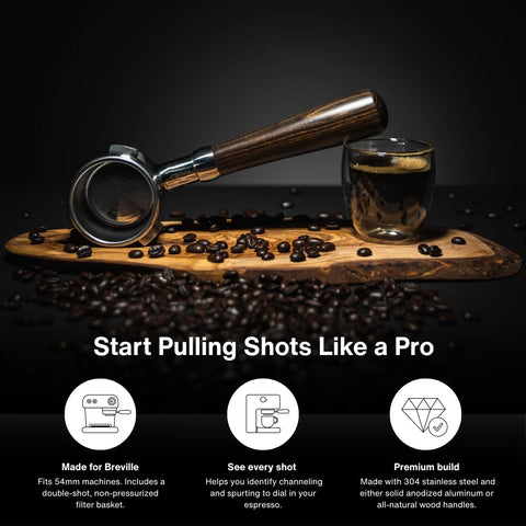 Crema Coffee Ergonomic Handle Portafilter provides comfortable tamping and steady control.
