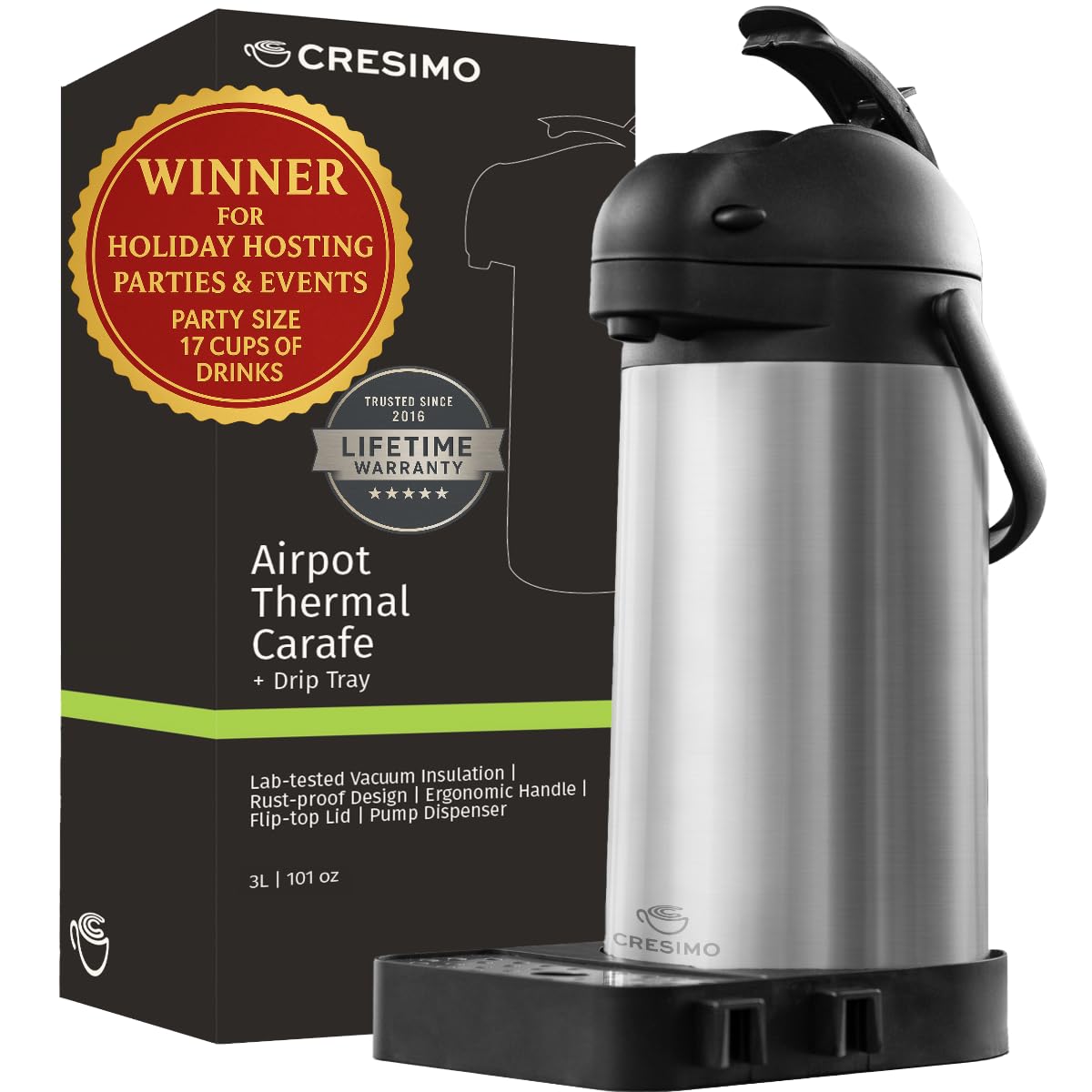 CRESIMO Airpot dispenser with pump and tray on counter for easy party service