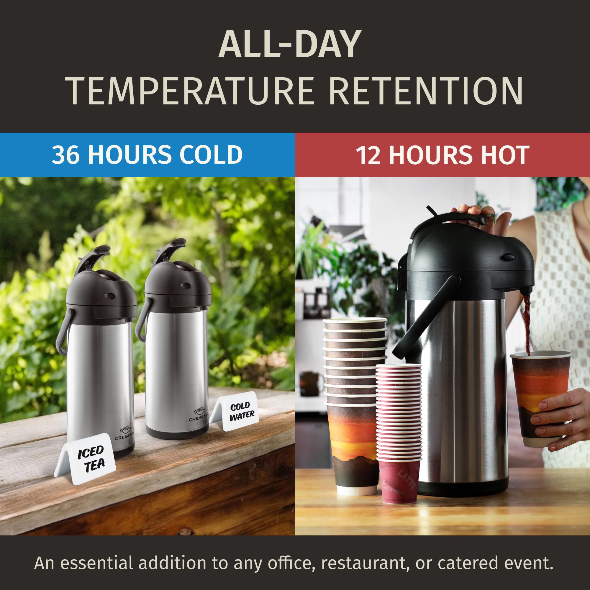 Cresimo airpot dispenser spout demonstrates convenient serving during events.