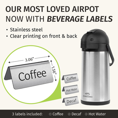 Cresimo labels show Coffee, Decaf, and Hot Water for quick selection.