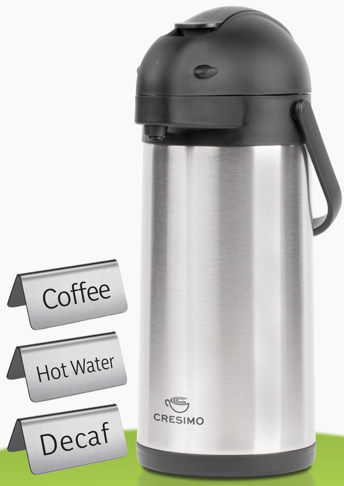 Cresimo coffee airpot with pump enables easy, mess-free pouring.