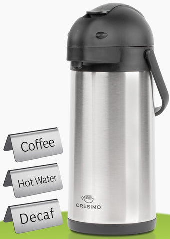 Cresimo coffee airpot with pump enables easy, mess-free pouring.