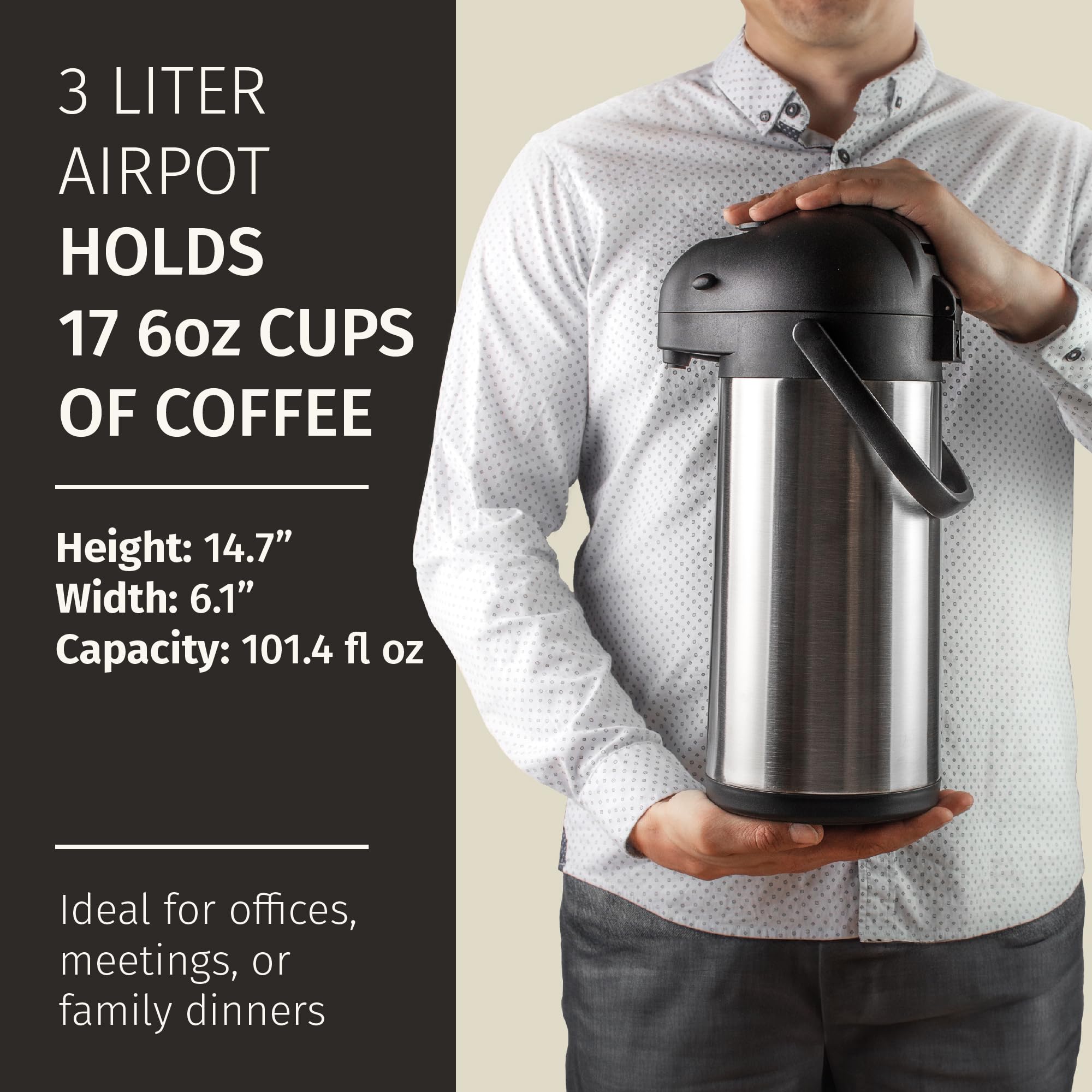 Cresimo large-capacity airpot holds 3 liters for big groups.