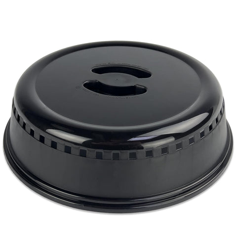 Crisp black microwave splatter cover on plate keeps food tidy and contained