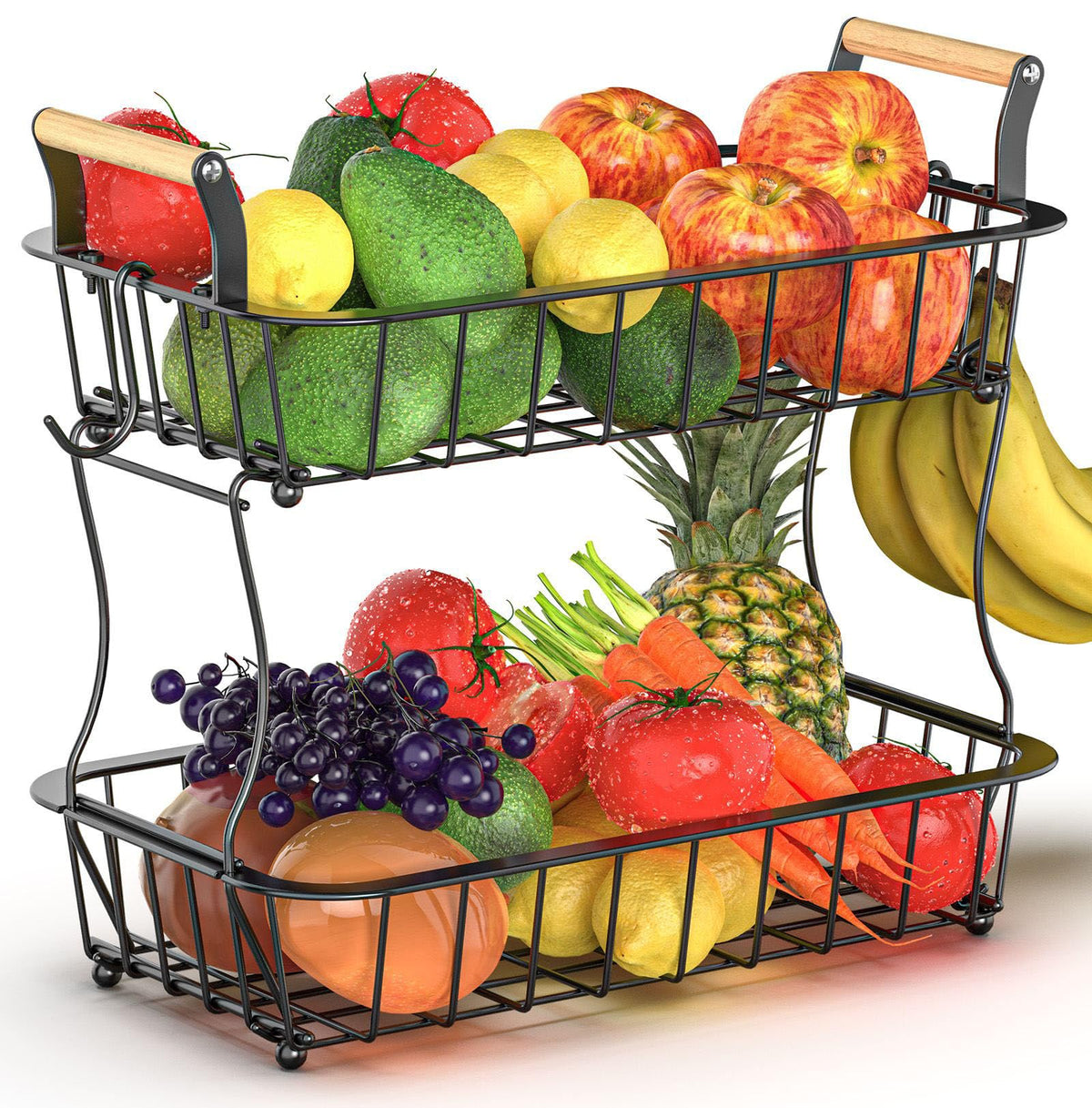 Crixny 2-tier banana hanger stand with detachable basket on counter for organized fruit.
